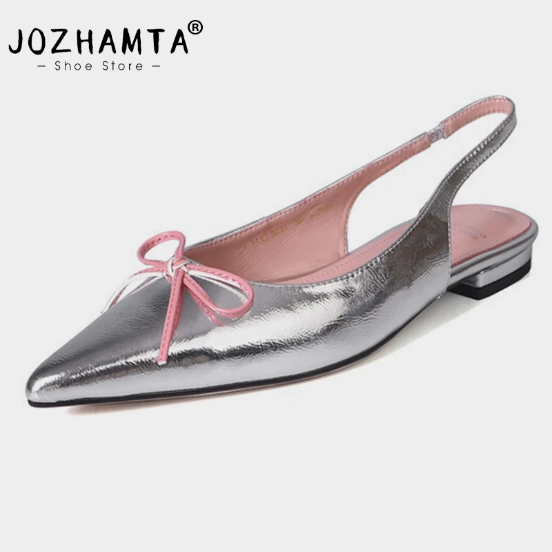 

JOZHAMTA Size 33-40 Women Cow Leather Flats Shoes Slingbacks Summer Bowknot Casual Shoes Woman Round Toe Fashion Flats Sandals