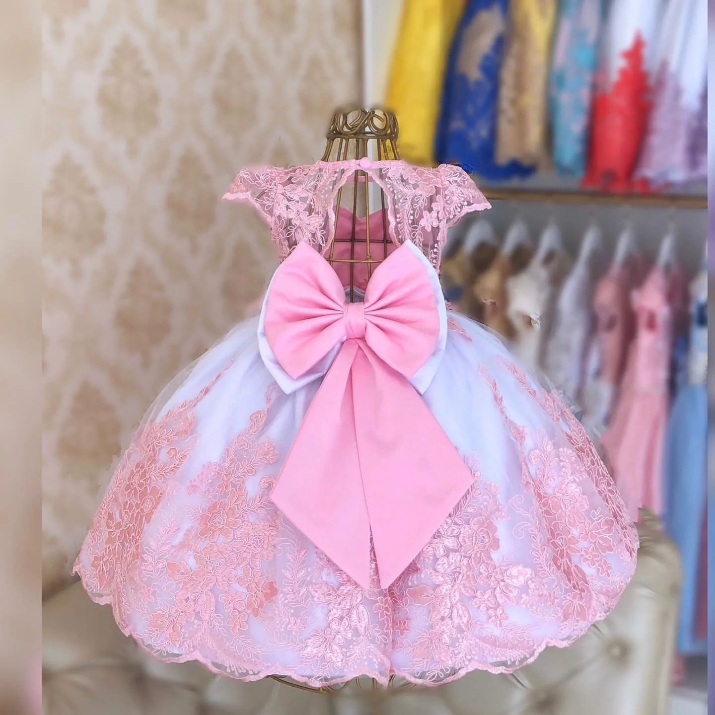 Pink Flower Girl Dress For Wedding Lace Applique Tulle With Bow Princess Kids Birthday Party First Communion Ball Gown