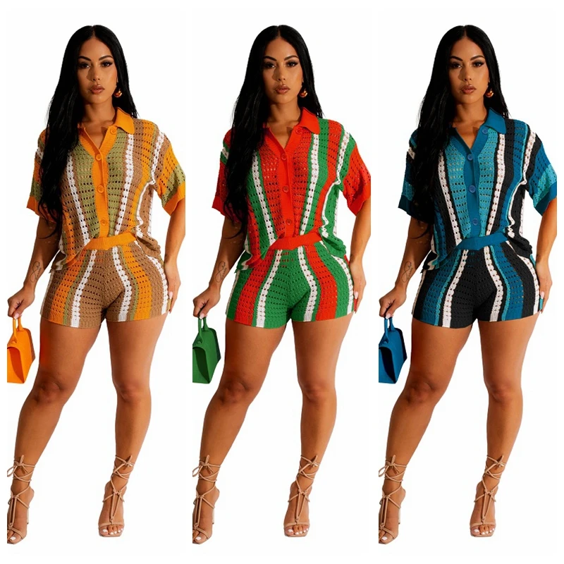 2023 New Crochet Rainbow 2 Pieces Beach Outfits Sexy Women Hollow Out Short Sleeve Shirt and Shorts Cover-ups Beachwear Cover up