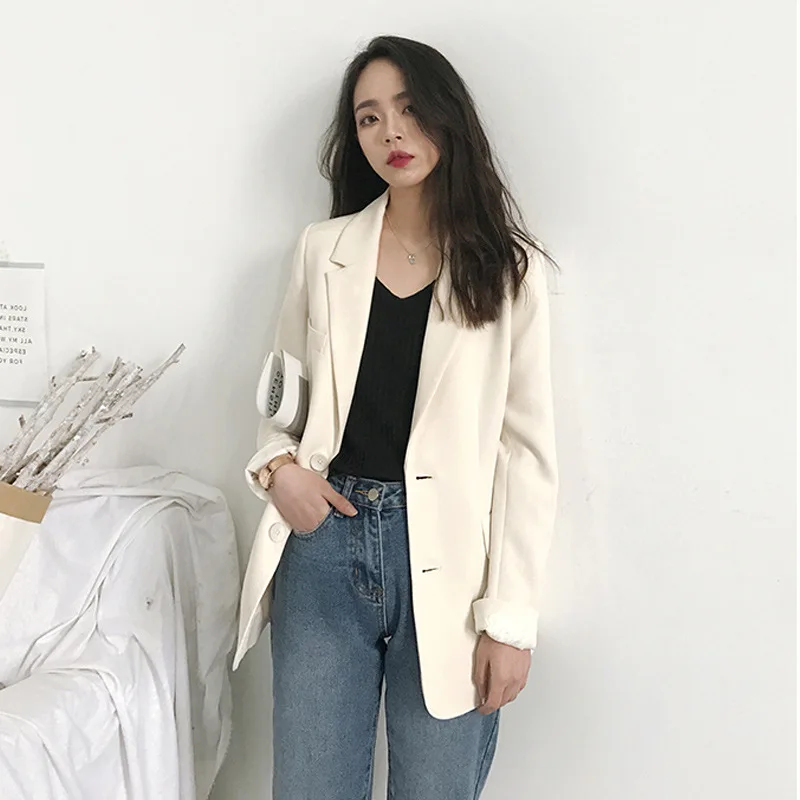 Women Korea Loose Blazers Beige Black England Style Office Lady Work Suits 2023 Woman Spring Autumn Single Breasted Blazers New