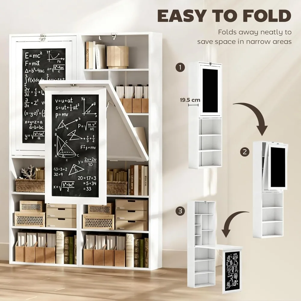 Foldable Convertible Writing Table, Wall Mounted Space-Saving Computer Desk with Chalkboard and Storage Shelves, Customized