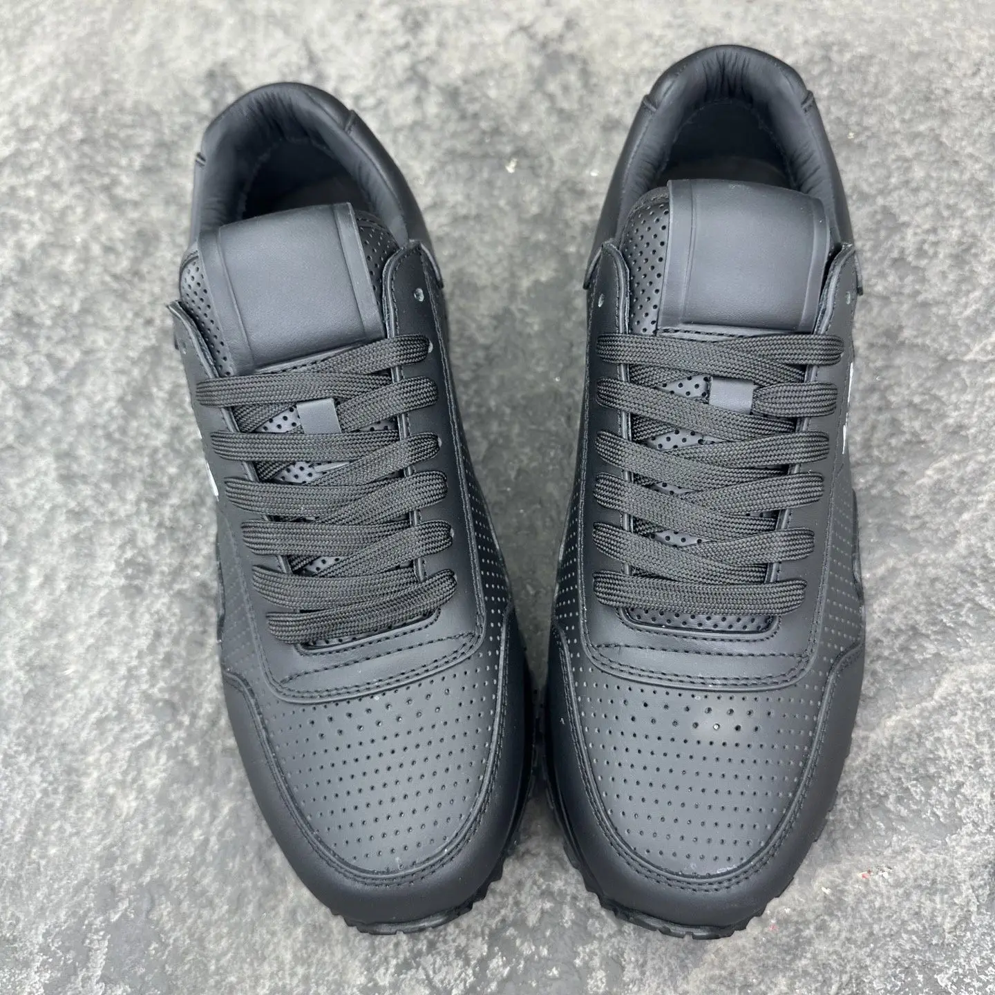 Unisex Full Black Perforated Leather Sneakers Breathable Hole Design Low Top Hidden Height Increase Thick Sole Lace Up Non Slip Daily Walking Casual Shoes