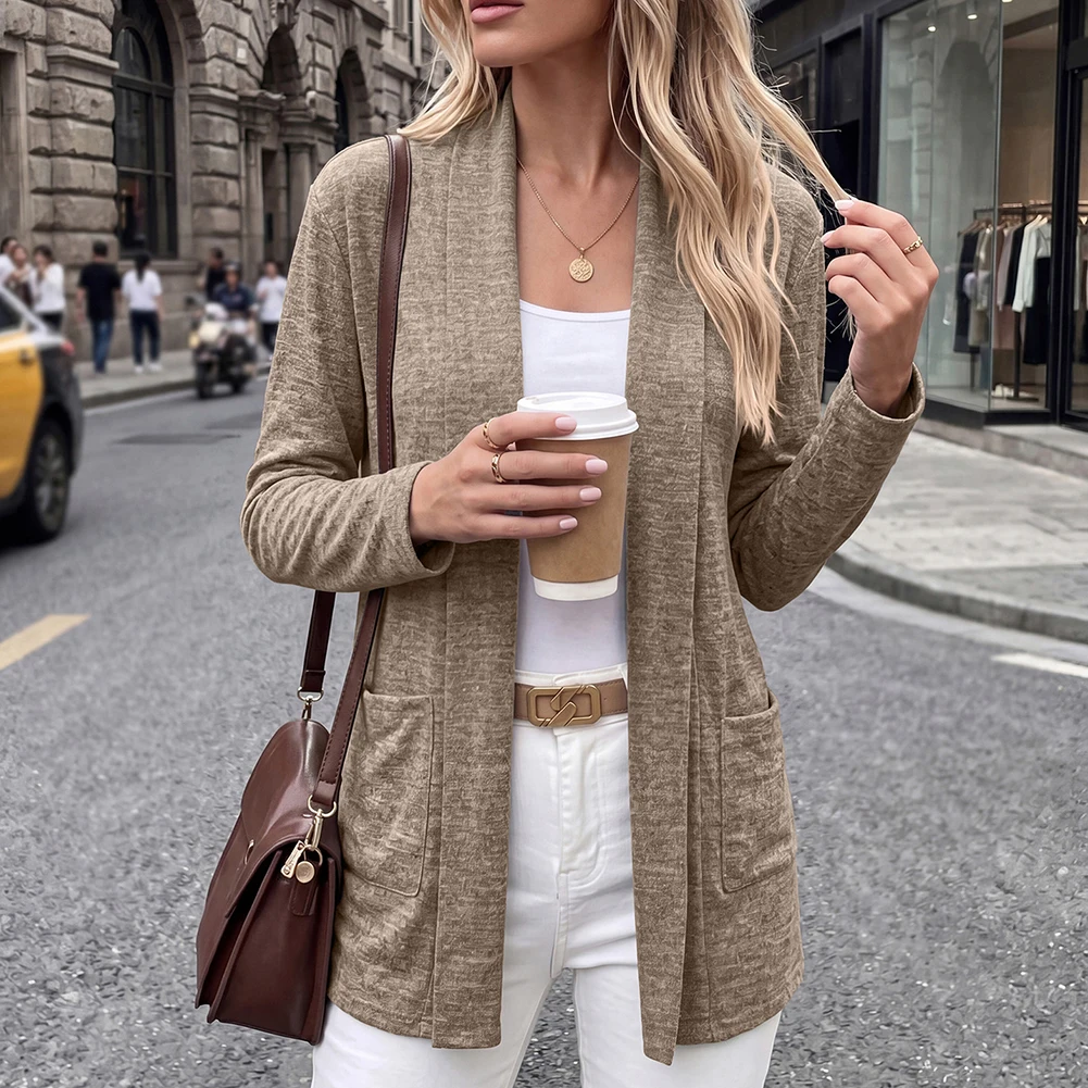 Solid Color Outerwear Women Knitted Cardigan For Beach Vacation Polyester Fabric Regular Length Solid Pattern New Condition