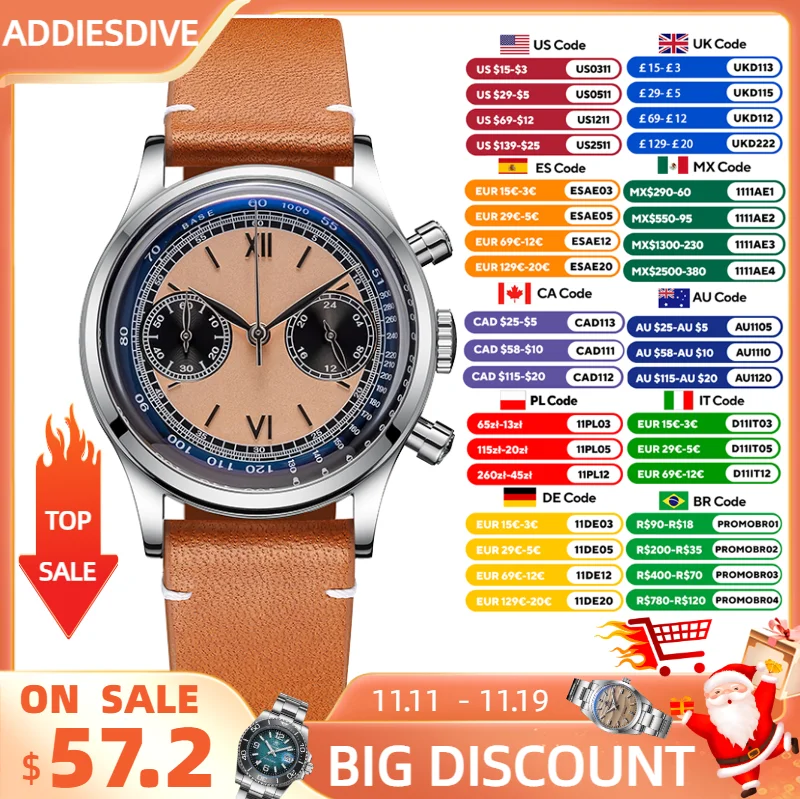 ساعة يد جلدية عتيقة للرجال من ADDIESDIVE ، كوارتز ، مقاومة للماء ، m ، كرونوغراف ، طلاء ار ، VK64 ، رياضة ، كرونوغراف ، جديد