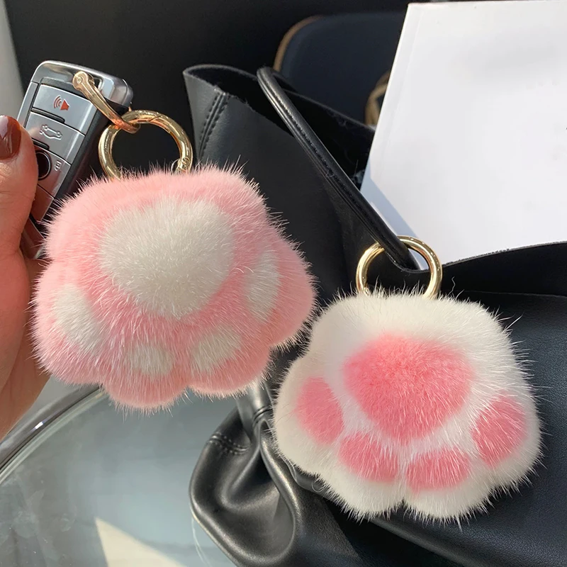 Multi-Color Cute Cat Paw Keychain Fluffy Faux Fur Keychain Soft Plush Couple Keychain Plush Car Key Ring Bag Pendant