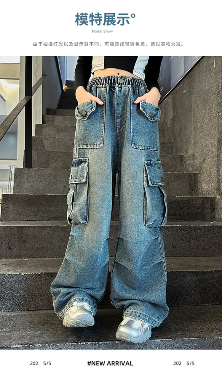 Mädchen Frühling Herbst Weitbein-Jeans 4-14 Jahre Kinder Teenager Elastische Hohe Taille Multi-Taschen Lose Lässige Streetwear-Hosen – Detail 20