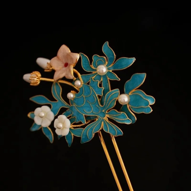 Antique Ming Style Hairpin Enamel Kingfisher Feather Filigree Inlaid Lotus Design Pure Copper Gold Plated Hanfu Hair Ornament