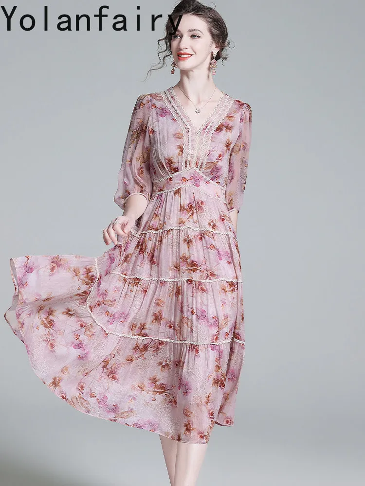 YOLANFAIRY High-end 70% Linen 30%Mulberry Silk Dress 2026 Woman Clothing Spliced Lace Long Dresses Elegant Floral Birthday Dress