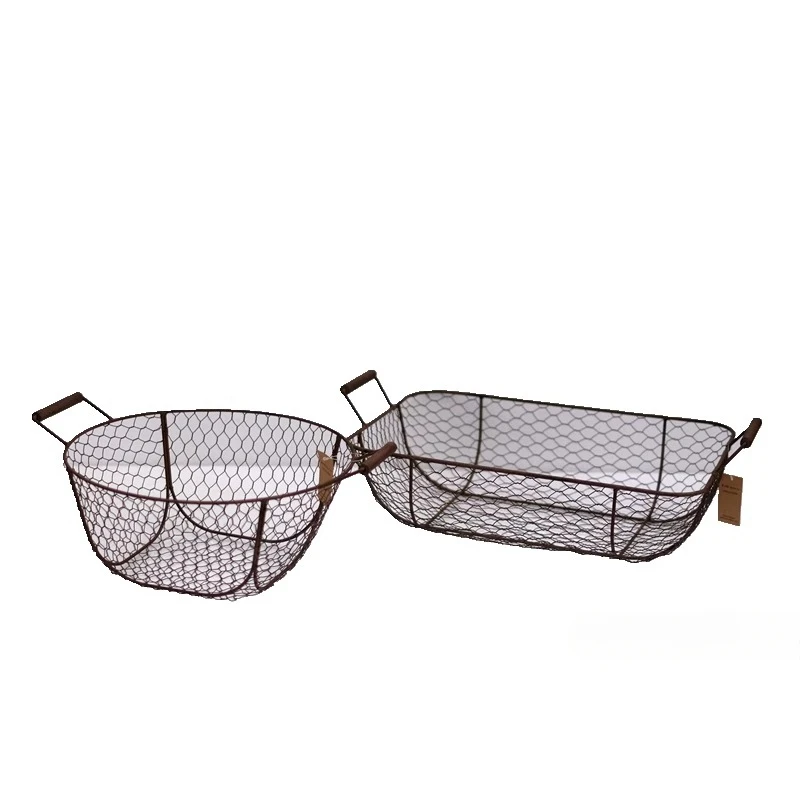 Wire metal woven decorative baby trolley groceries foreign trade wooden handle double handle storage flower basket