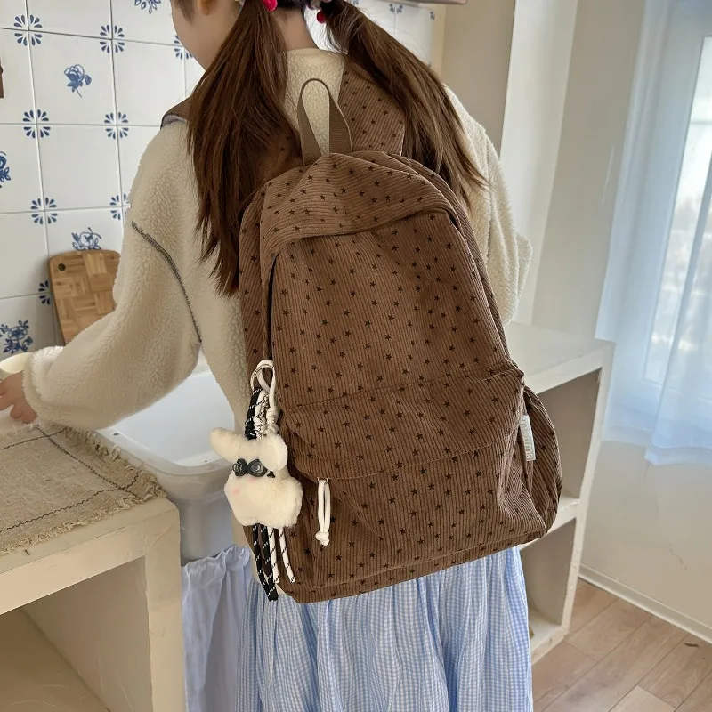 traveasy-2026-new-star-print-corduroy-large-capacity-lightweight-casual-backpack-women-plush-charm-schoolbag-for-college-girls