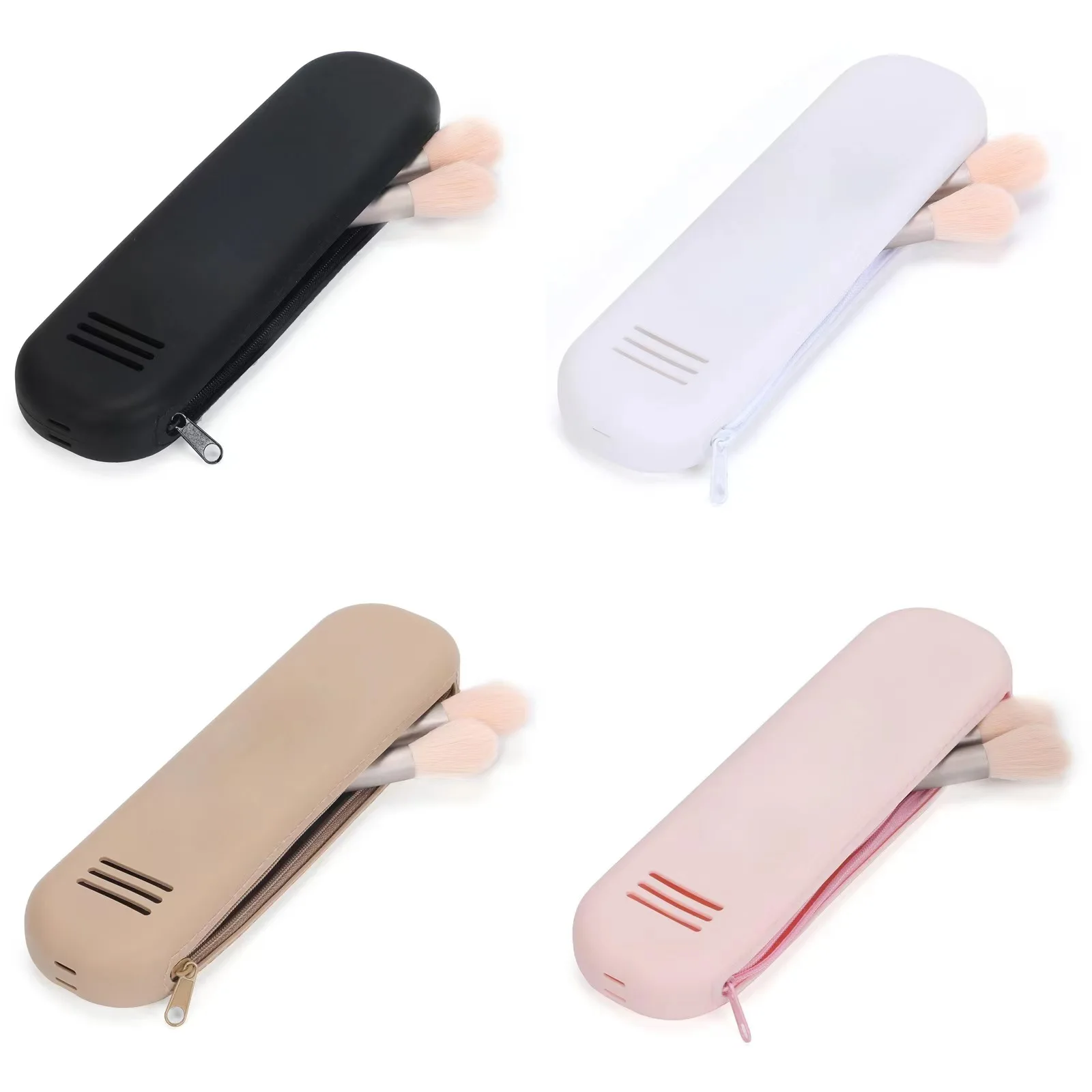 Ins Style Makeup Brush Bags Silicone Material With Zipper  Waterproof Dust-proof Pure Color Portable Home Or Travel