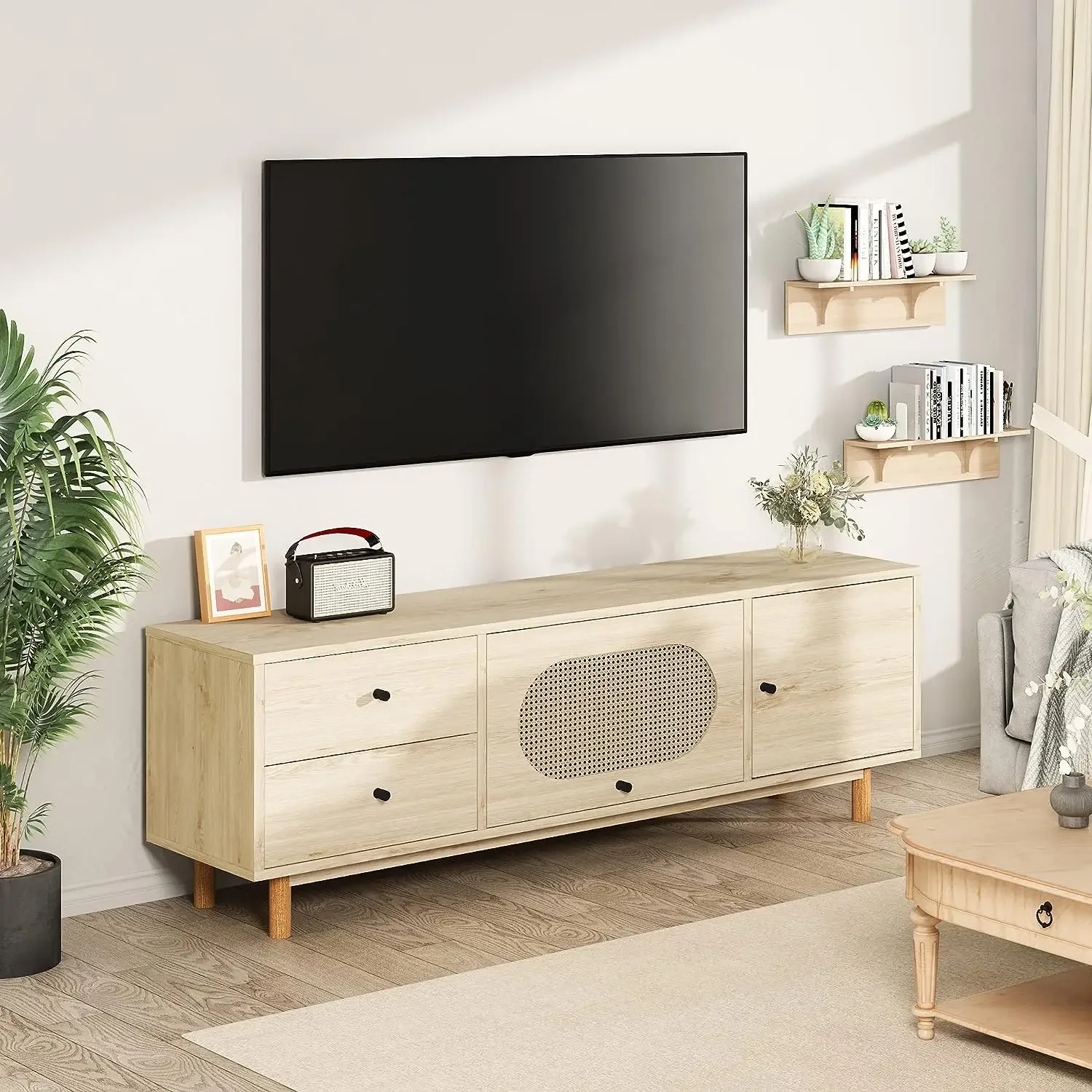 Rattan TV Stand for 62 Inch TV Entertainment Center Cabinet with 2 Drawers and Cabinet Storage Farmhouse TV Console Table