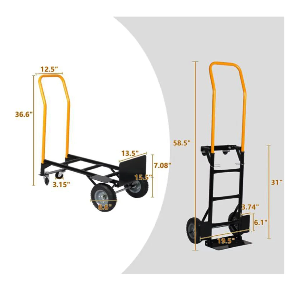 Hand Truck Dual Purpose 2 Wheel Dolly Cart and 4 Wheel Push Cart with Swivel Wheels 330 Lbs Capacity Heavy Duty Platform Cart