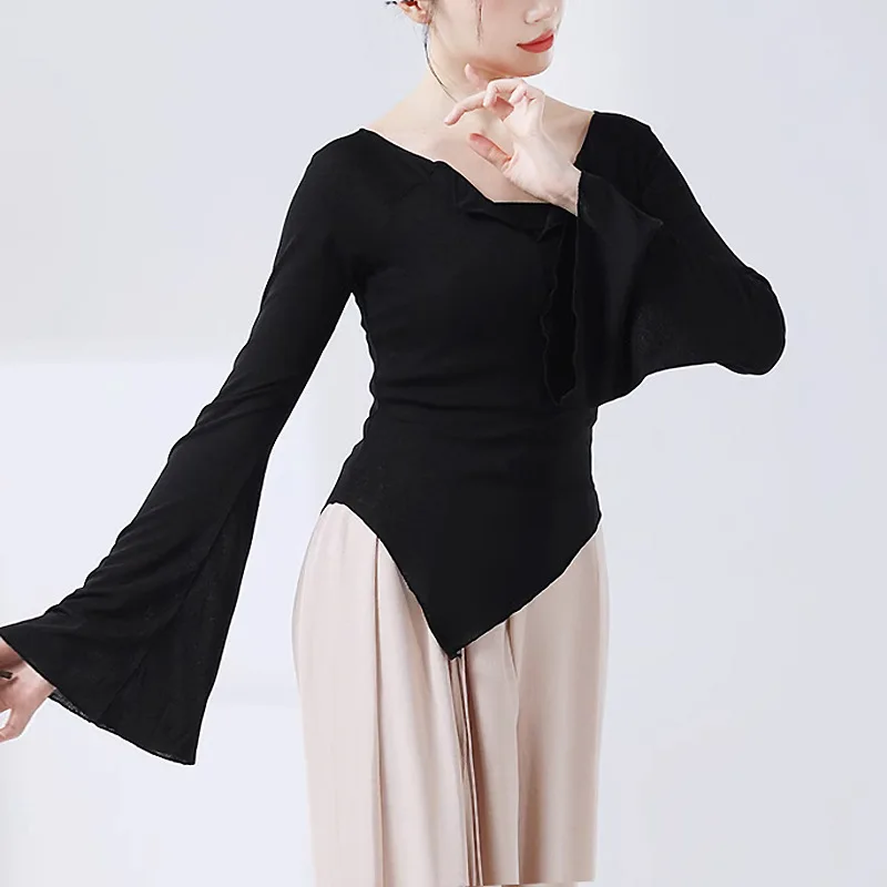 ملابس ممارسة الرقص، ملابس الرقص للتدريب الأساسي، قميص سفلي بياقة كلمة واحدة، نحيف ورقيق، لون كلاسيكي