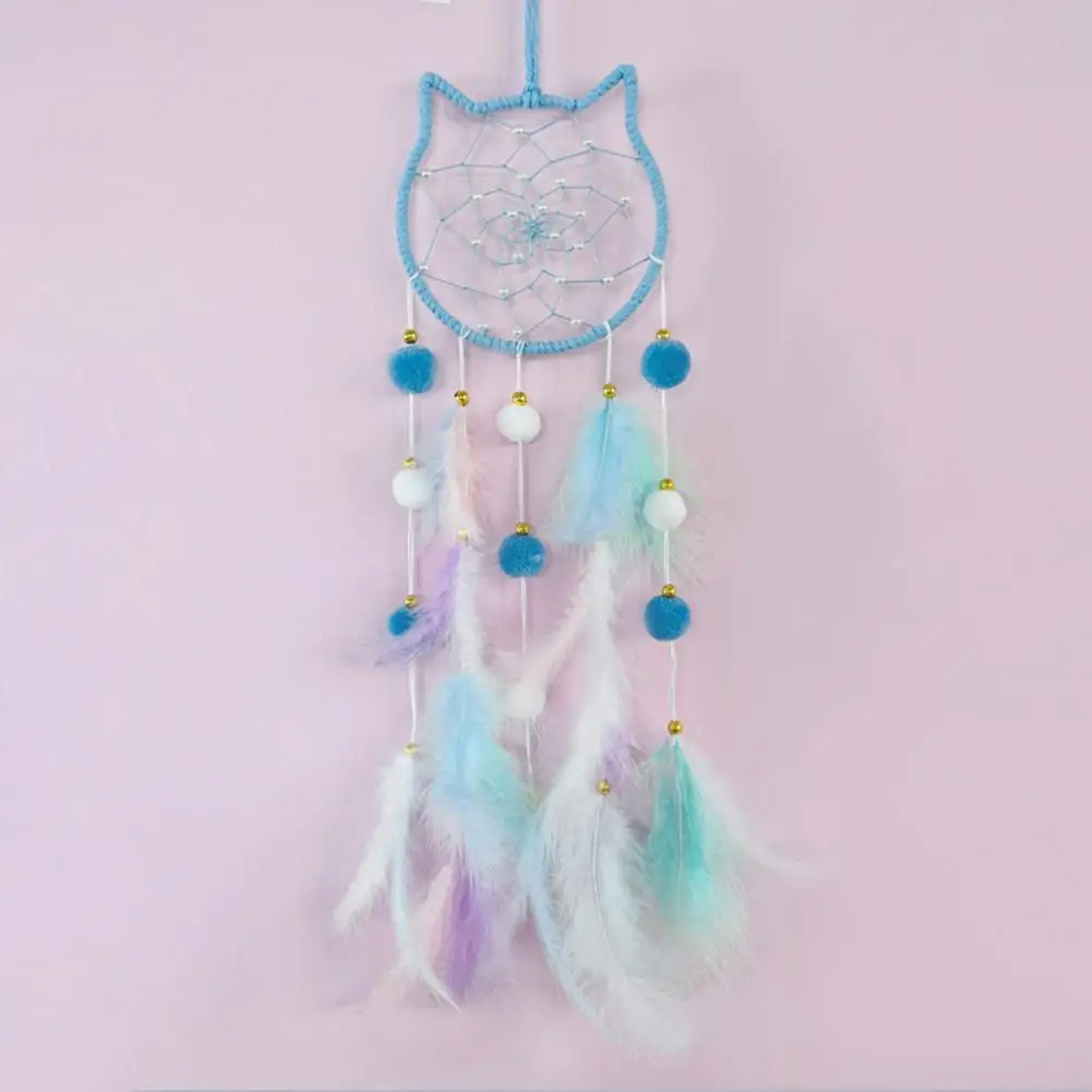 Cat Dream Catcher Handmade Boho Dream Catcher with Colorful Feathers Lamp Strip for Room Girls Bedroom Decor Cat Moon Star Bunny