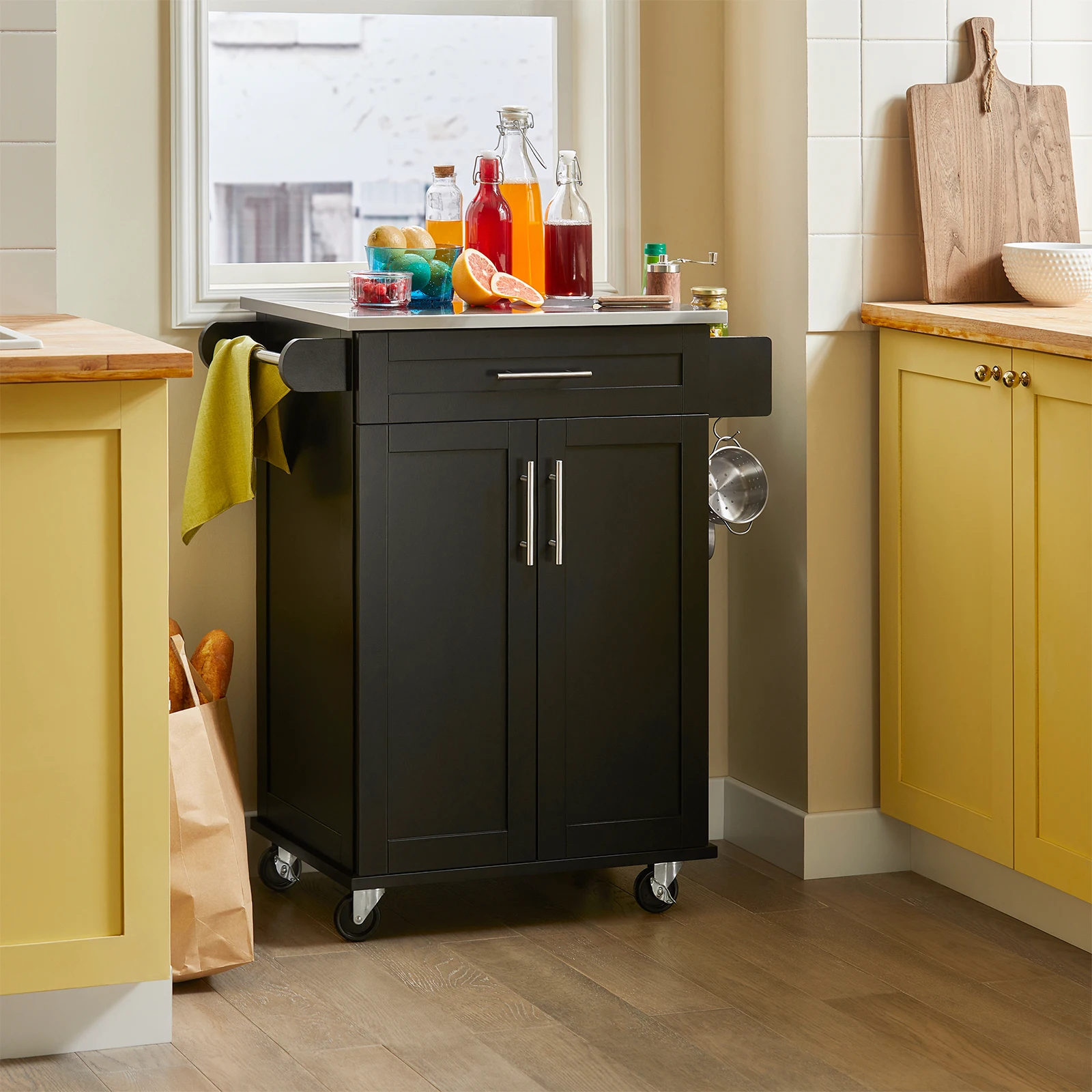 SoBuy FKW110-SCH Carrello da cucina Roll Kitchen Island con piastra di lavoro Carrello a rulli Carrello per cucina soggiorno Nero