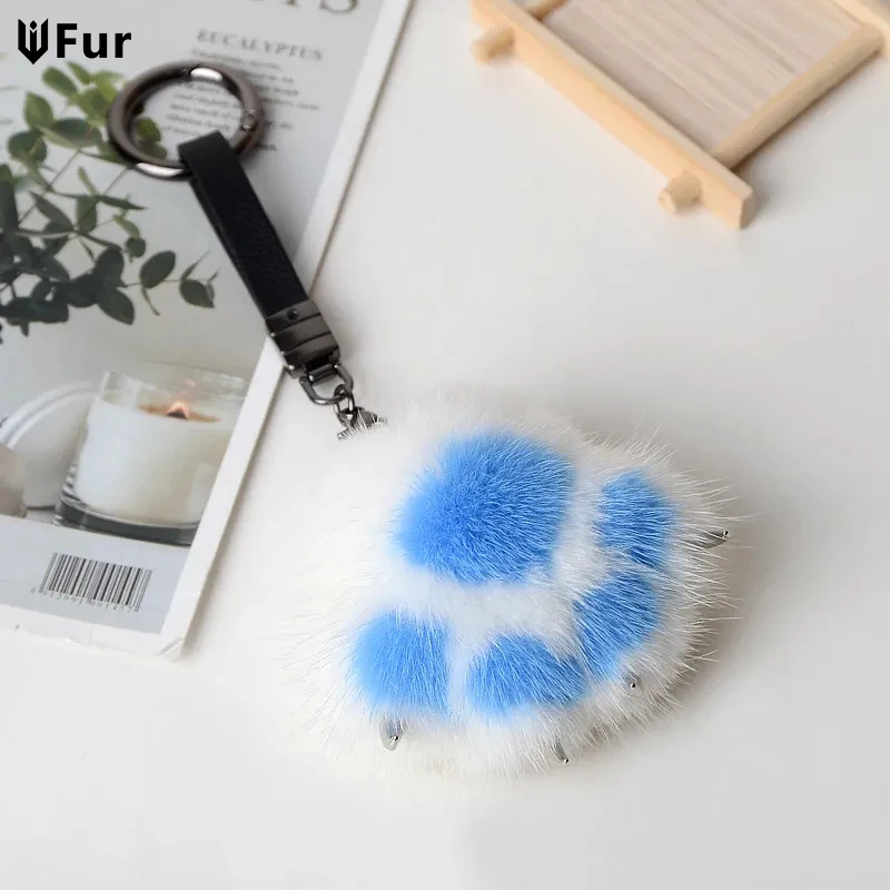 Women Real MInk Fur Car Key Pendant Ring Cat Bear Paw Toy KeyChain Cute Bag Charm Ornaments Soft Pompom Plush