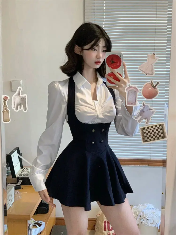 Y2K 3 Piece Set Women Cropped Coat + Long Sleeve Shirt  High Waist Halter Ruffles Mini Dress Korean Chic Fashion Sexy Outfits