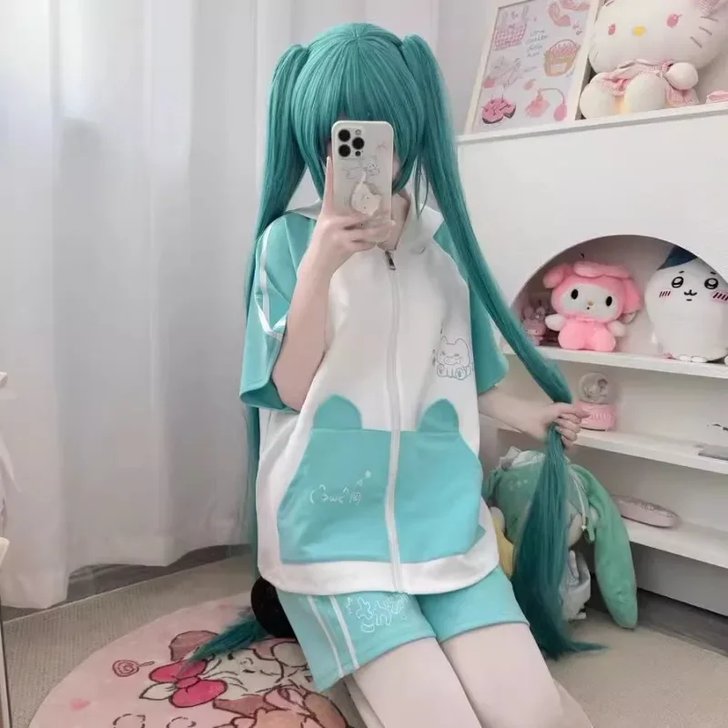 

Casual Fashion Cat Ears Cartoon Miku Drawstring Shorts Girls Holiday Gifts Miku Hooded Short Sleeve Tracksuit 2025 NEW