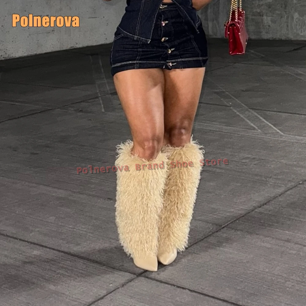 الفراء الأبيض مثير حذاء برقبة للركبة أشار تو خنجر سحب على الصلبة المرقعة الشارع نمط حار فتاة الجوارب الموضة 2025 الشتاء #2
