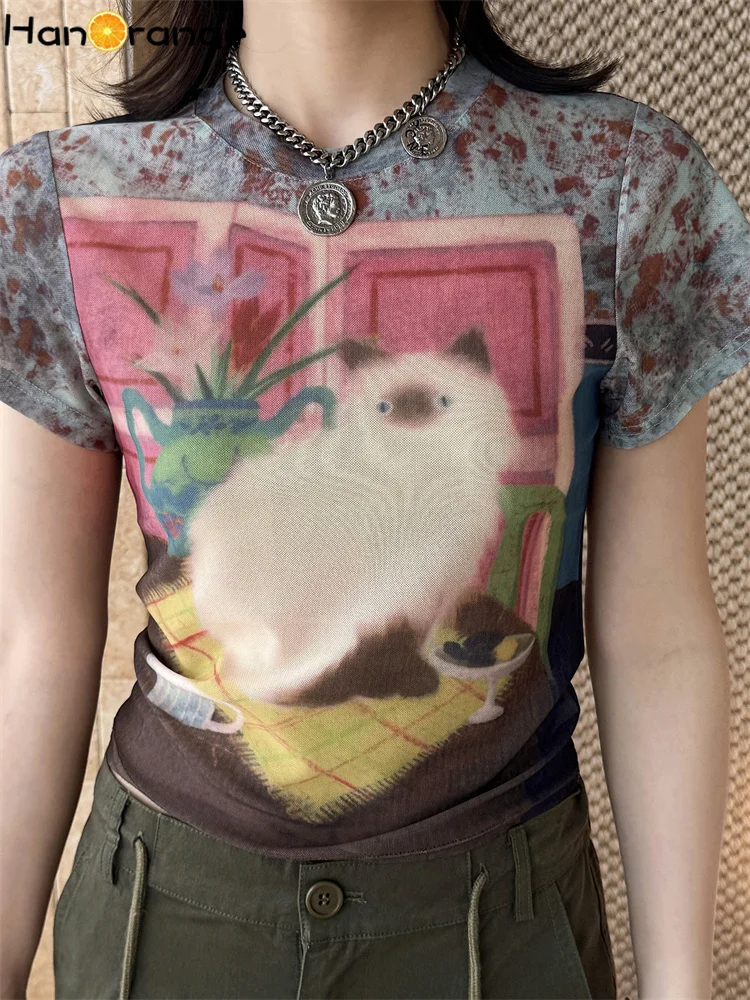 HanOrange 2026 Summer Retro Sweet Spicy Style Mesh Dyeing Kitten Printed T-shirt Women Slimming Short Tees
