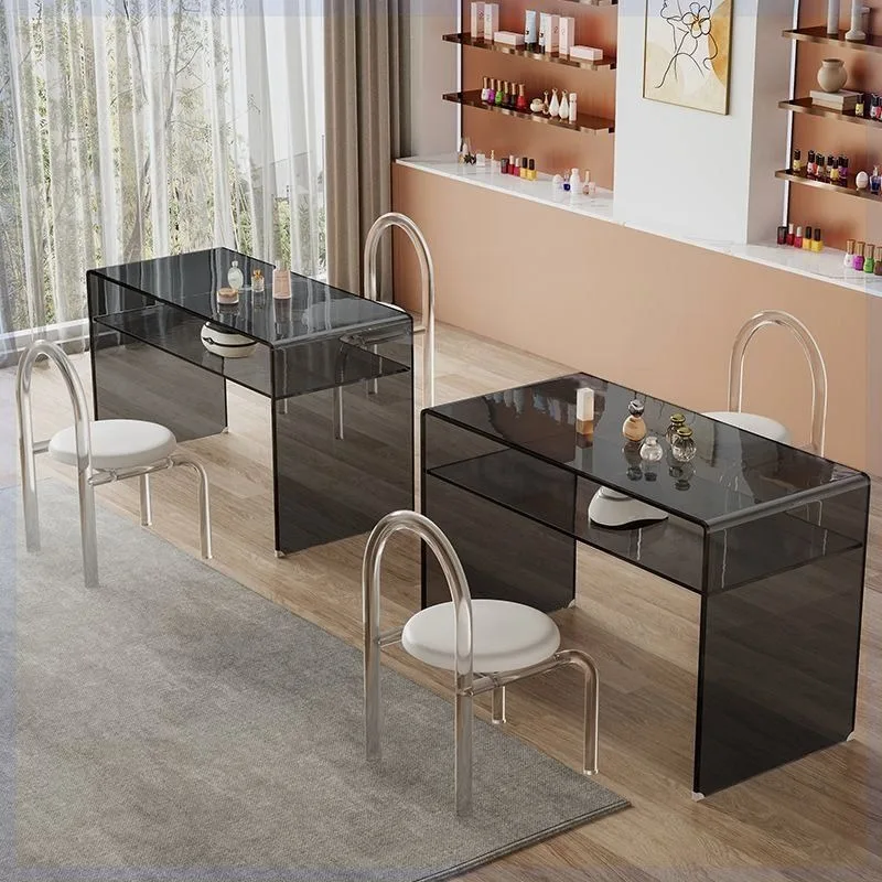 Nail art table and chair set, small simple double table, nail art shop glass table and chairs