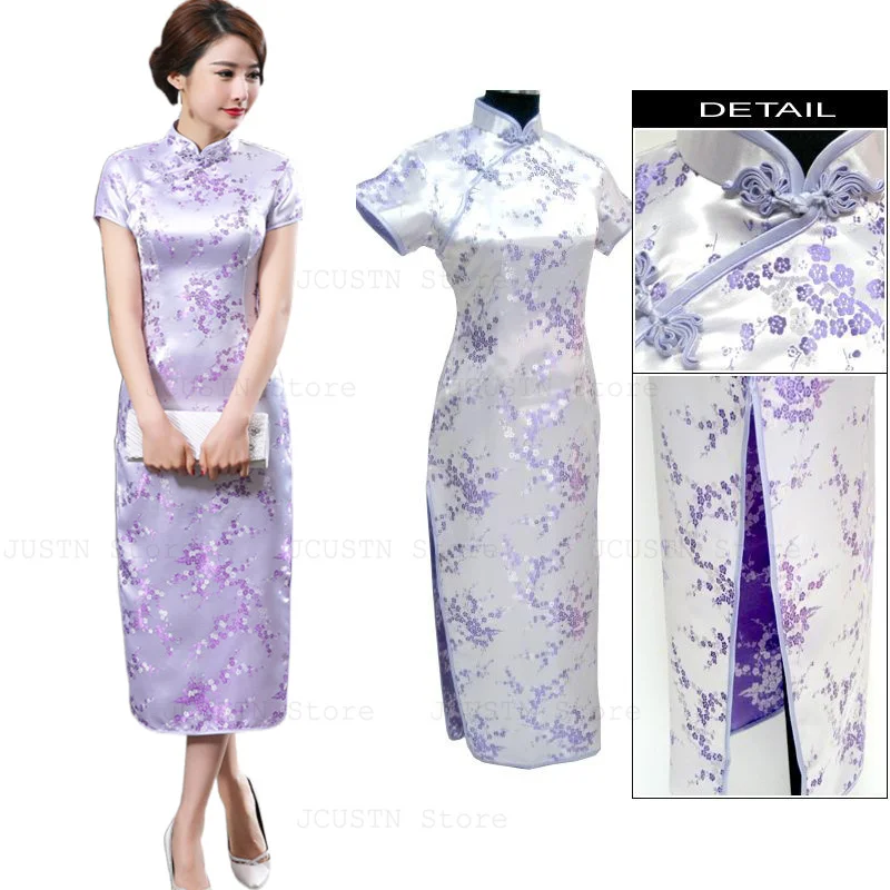 Navy Blue Flower Jacquard Cheongsam Long Vestidos Women Sexy Split Qipao Chinese Traditional Dresses Casual Streetwear Dress