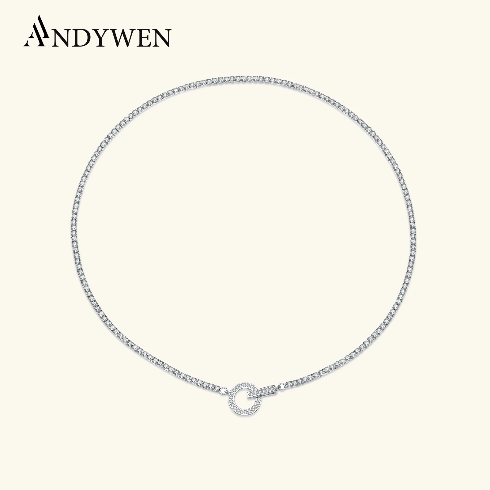 

ANDYWEN 925 Sterling Silver Full Zircon CZ 39cm Chain Necklace with Circle Clasp - Elegant Jewelry Gift for Work to Party