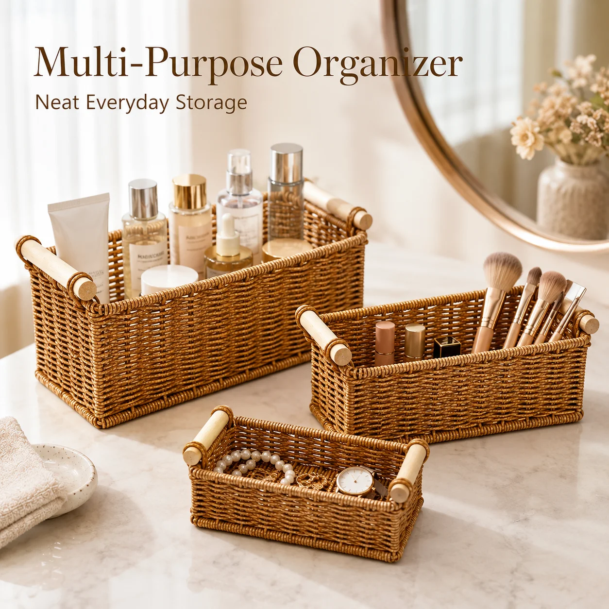 3Pcs Imitation Rattan Storage Basket Set with Wooden Handles, Woven Organizer Bins for Bathroom, Kitchen, Vanity & Home view 4