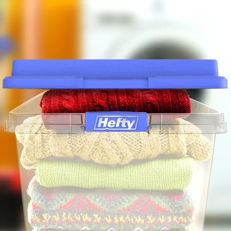 Hefty 72 Qt. Clear Plastic Storage Bin with Blue HI-RISE Lid, 6 Pack storage box