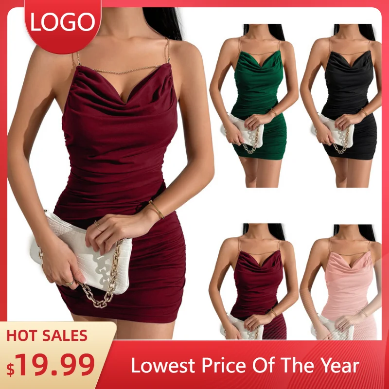 

Europe and America2025Spring and Summer New Women's Draped Collar Chain Details Cross Backless Pleated Camisole Dress