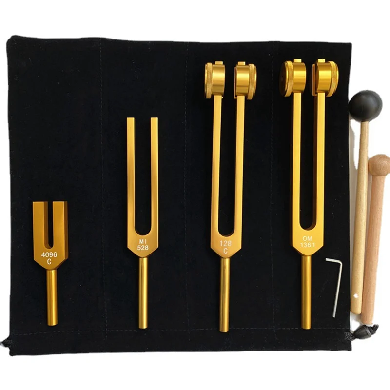 

4 Piece Tuning Fork Set (4096C, MI528, 128C, OM136.1) for Solfeggio, for Chakras, Sound Healing, Stress Relief, Gold