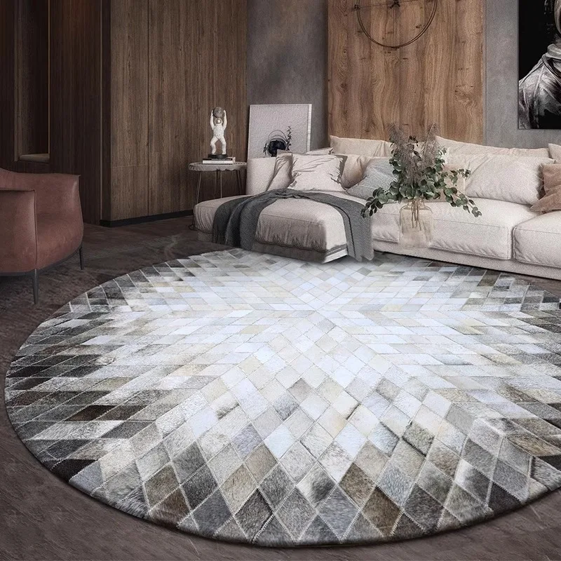 Grey Geometric Real Cowhide Round Carpet Handmade Real Cowhide Rugs Living Room Home Soft Cow Skin Fur Bedroom Floor Mat Modern