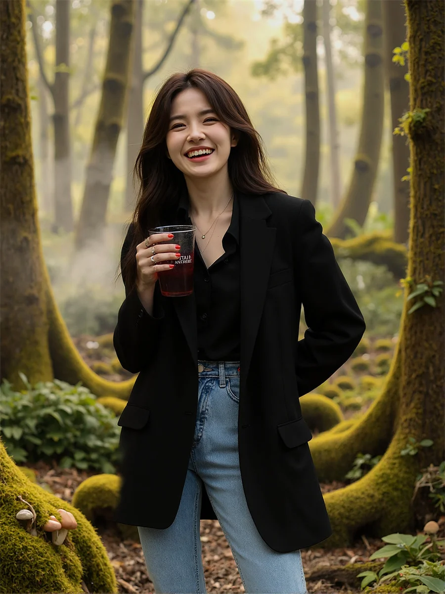 سترة نسائية سوداء بياقة مقلوبة ضرب مشتركة رشيقة محبو موسيقى الجاز مبطن تأثير الساتان رومانسية غسل البساطة كشكش #1