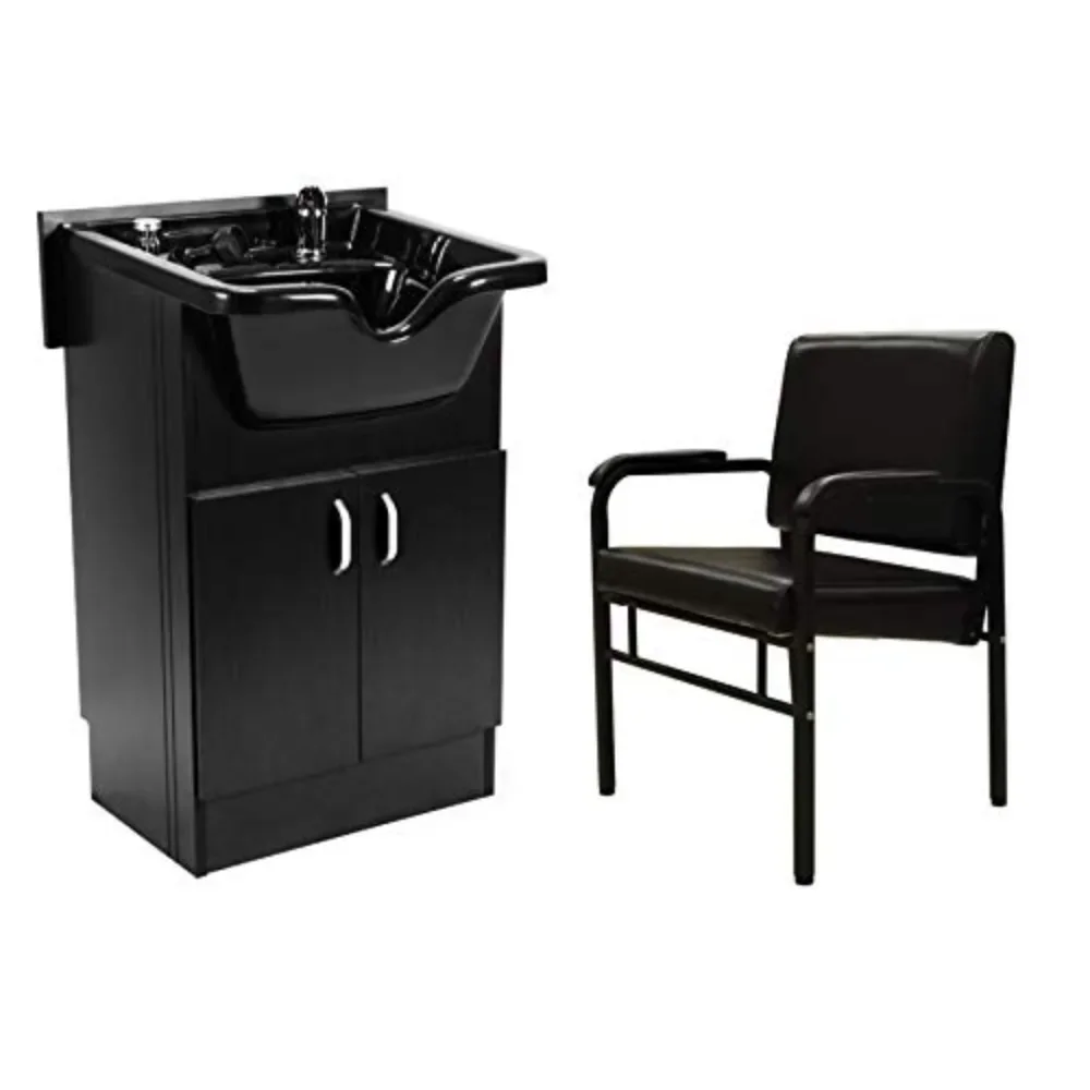 

Set Shampoo Cabinet (Shampoo Bowl, Faucet, Drain) and AZLE Reclining Shampoo Chair BLACK for Beauty Salon and Spa