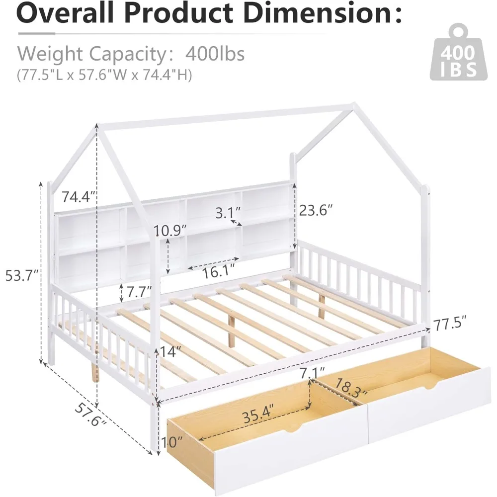 Child's Bed with 2 Drawers and Storage Shelves, Twin Bed Frame with Headboard for Kids, Sturdy and Safe, Child's Cot, Full Size