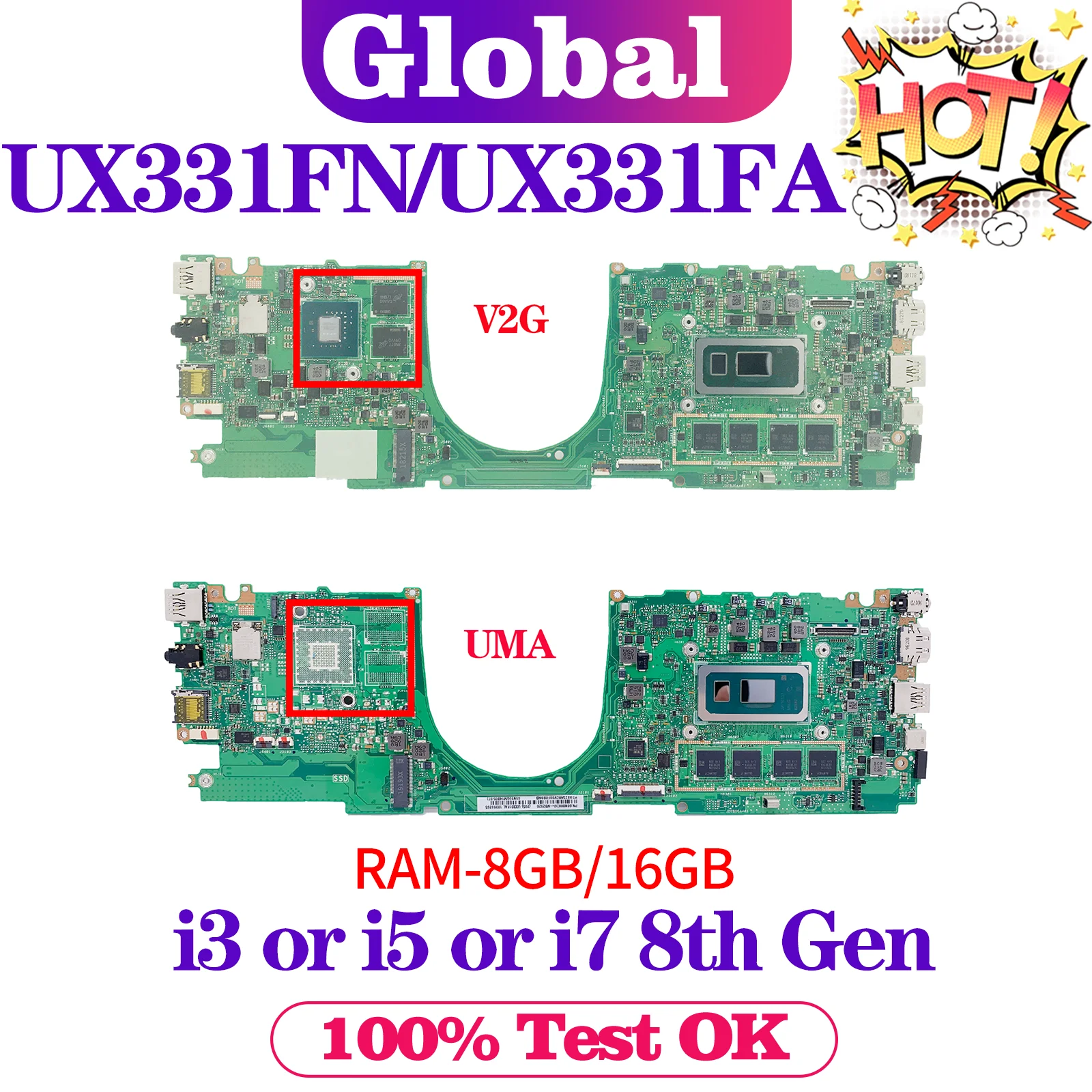 

KEFU Mainboard UX331FN For ASUS BX331FAL UX331FAL UX331FA UX331F Laptop Motherboard i3 i5 i7 8th Gen V2G UMA 8GB/16GB-RAM