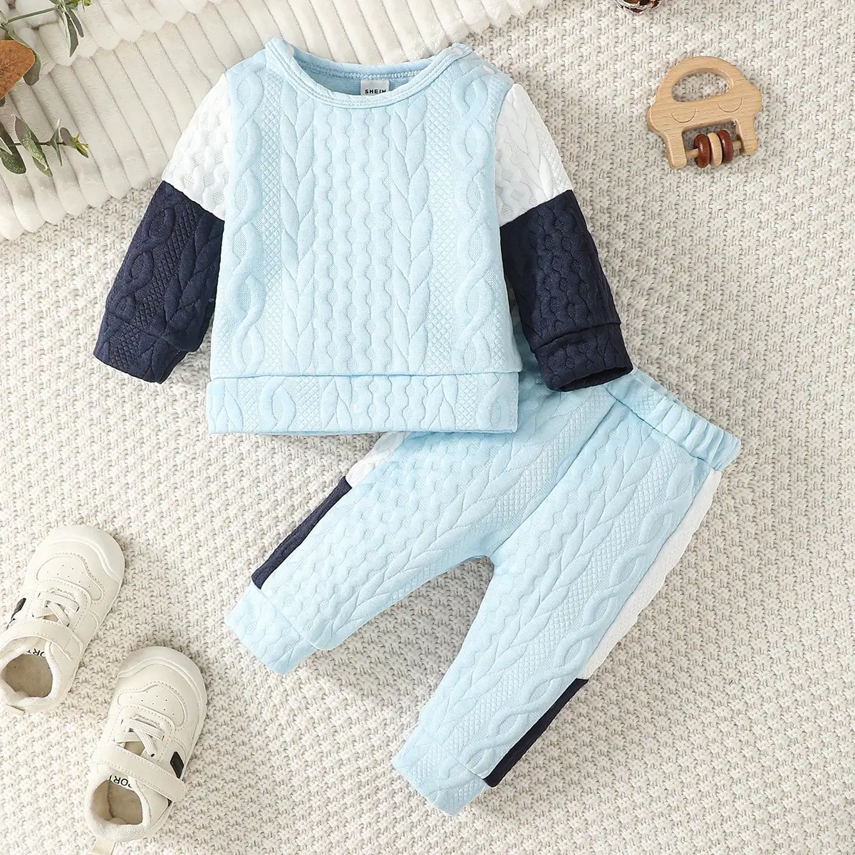 Baby Shoulder Buckles Long Sleeved Thick Textured Silk Cotton White Black Gray Stitching Fashion Baby Set