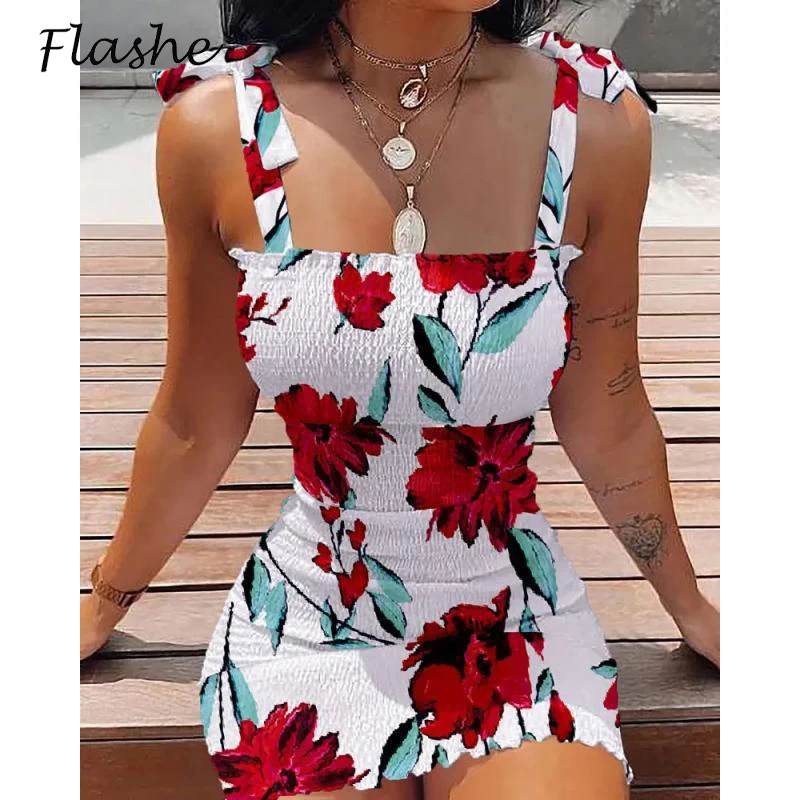 

Summer Floral Mini Dress Women Fashion Sleeveless Beach Party Dresses For Women Casual Sexy Lace Up Bodycon Dress 2022