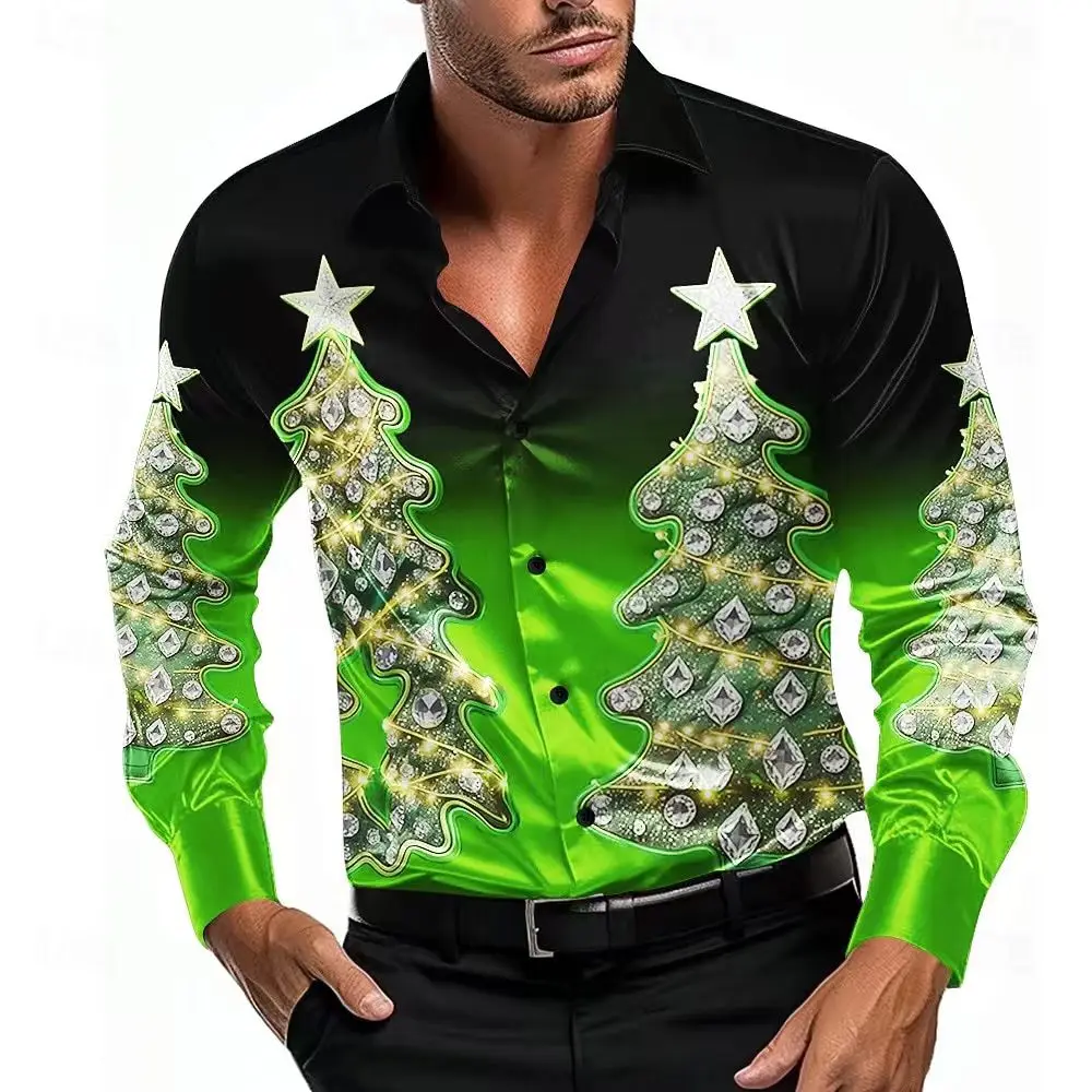 

2026 New Christmas Men's Color-Changing Shirt, Button-Down Long Sleeve, Festive Autumn/Winter Collared Shirt
