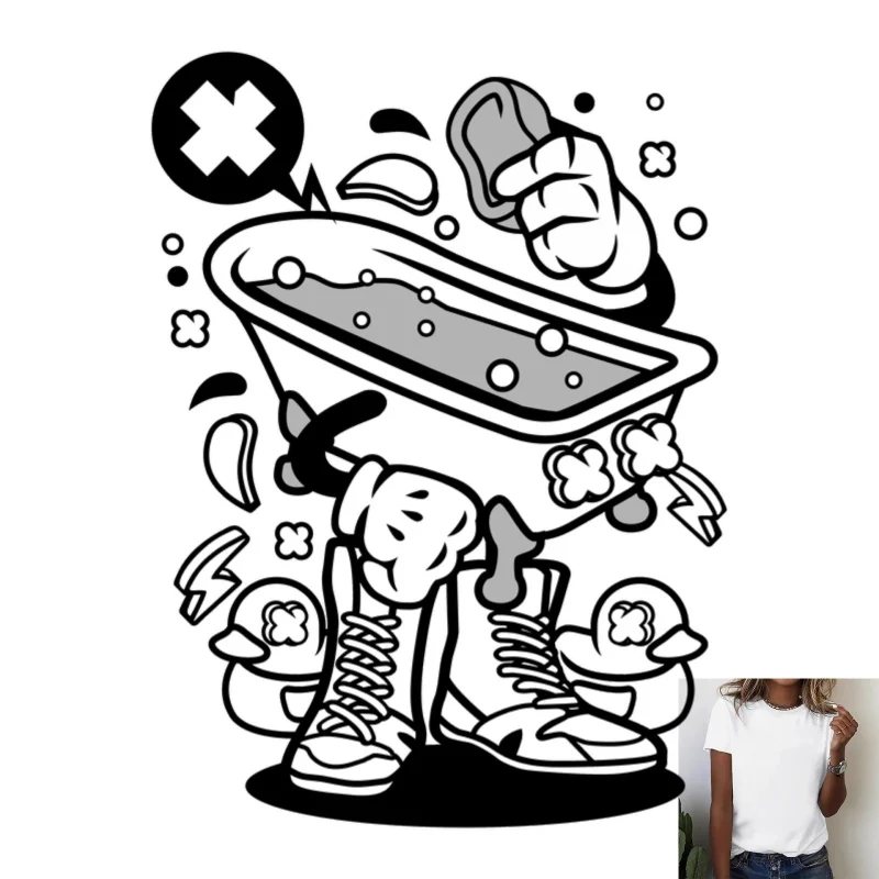 Trendy Cartoon Bathtub & Shoes Pattern Heat Transfer White Ink Iron - on, Suitable for T - shirts, Canvas Bags, Street - style