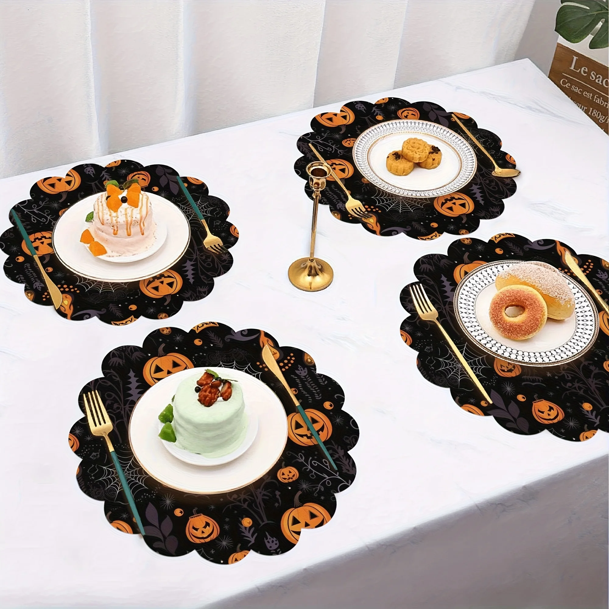 VIKAMA Pumpkin Spider Web Scalloped Round Placemat Halloween Table Mat Waterproof Heat Resistant Plate Pad Party Dining Decor