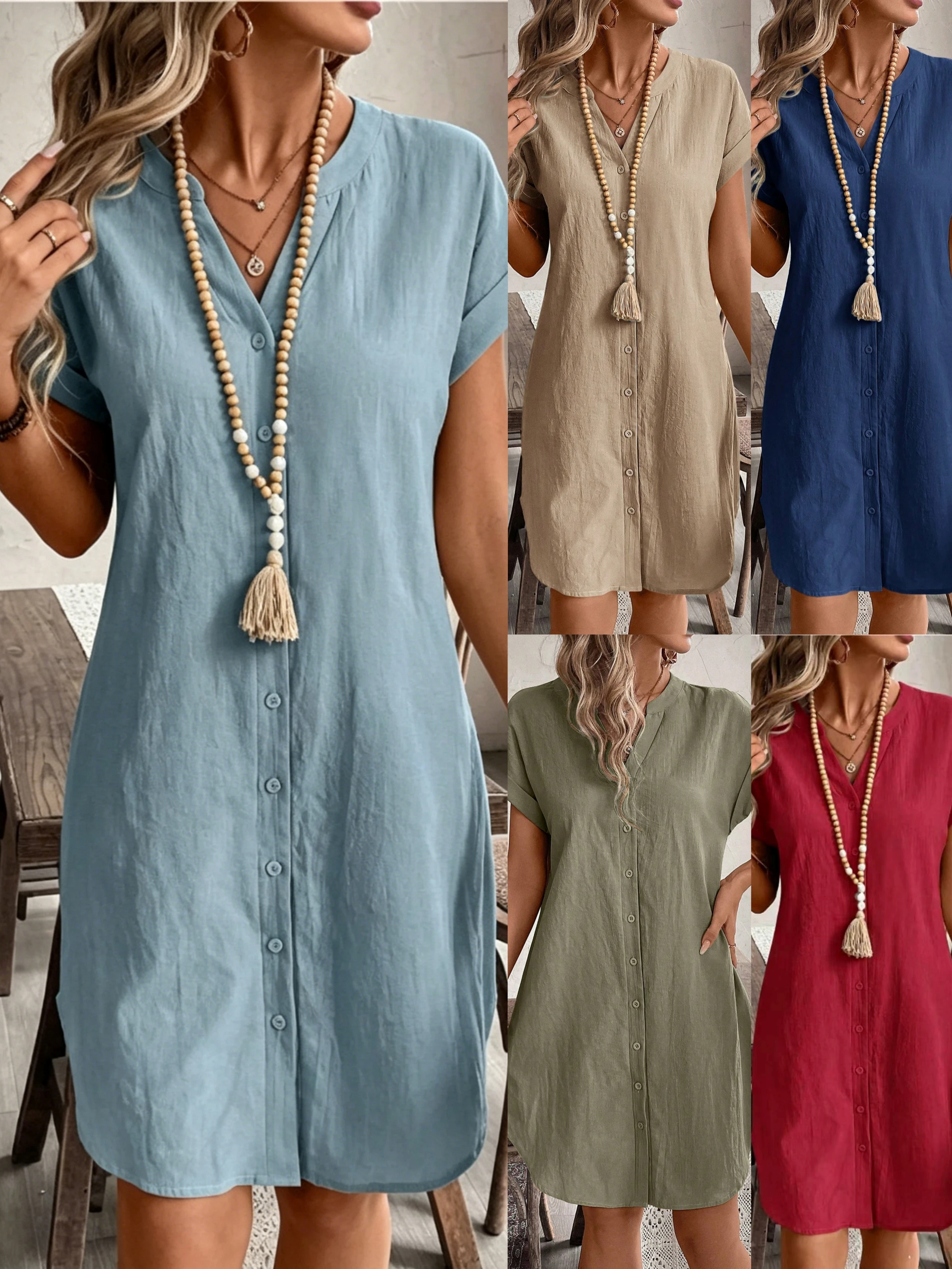 Women's solid color V-neck short-sleeve single-button casual dress, perfect for beach vacations, spring and summer style