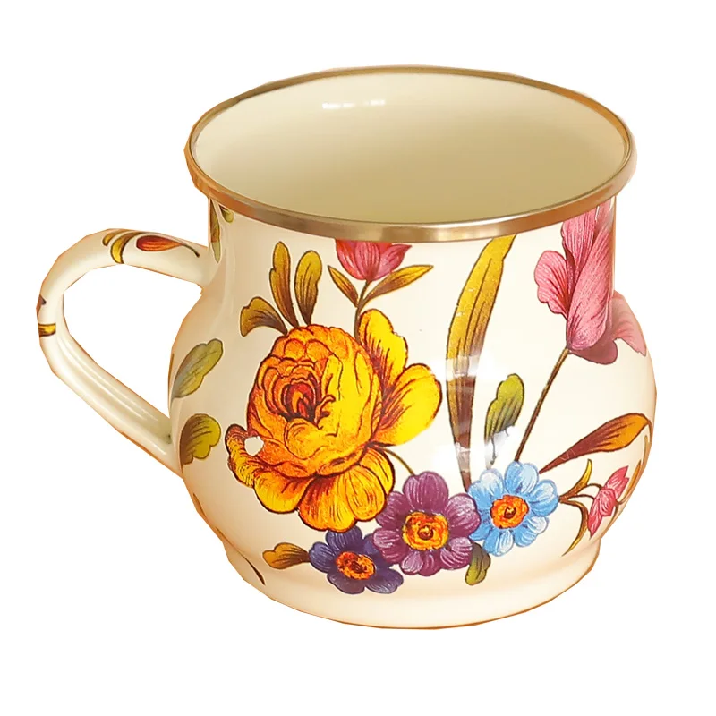 

French Retro Enamel Water Cup Flower Enamel Mug Painted Coffee Cup Breakfast Cup 550ML Tea Cup Vase Home Decoration Craft Gift