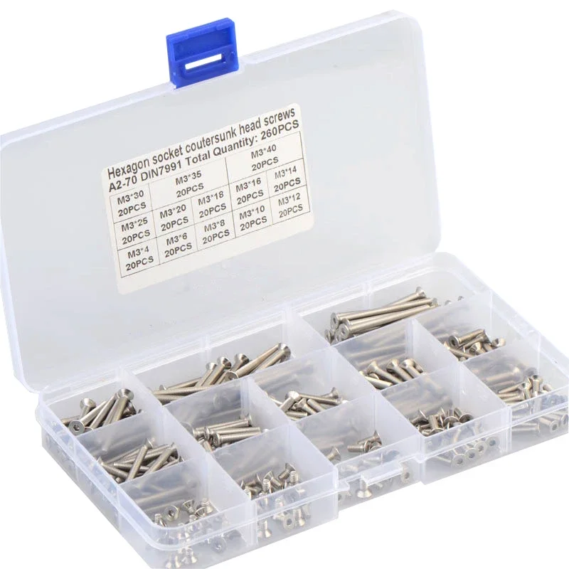 260pcs M3 Hex Hexagon Socket Countersunk Head Screw Kit Stainless Steel 304 DIN7991 Flat Head Bolt Screw Combination Set