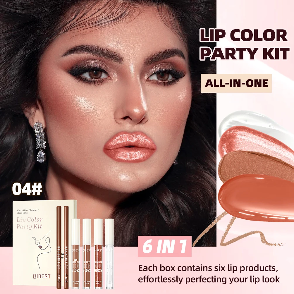 Os kits de cosméticos para festa de cor labial QIBEST incluem 2 * Lipliner, 1 batom líquido fosco, 2 esmaltes labiais espelhados e 1 conjuntos de maquiagem de óleo labial