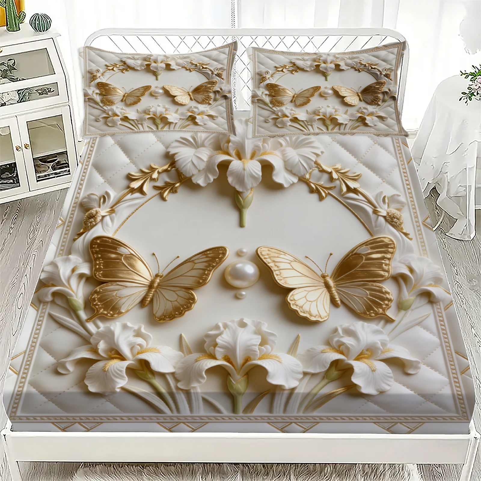 Elegant Quilted Fitted Sheet Set White With Gold Butterflies And White Flowers With Pillowcases For Bedroom Decor