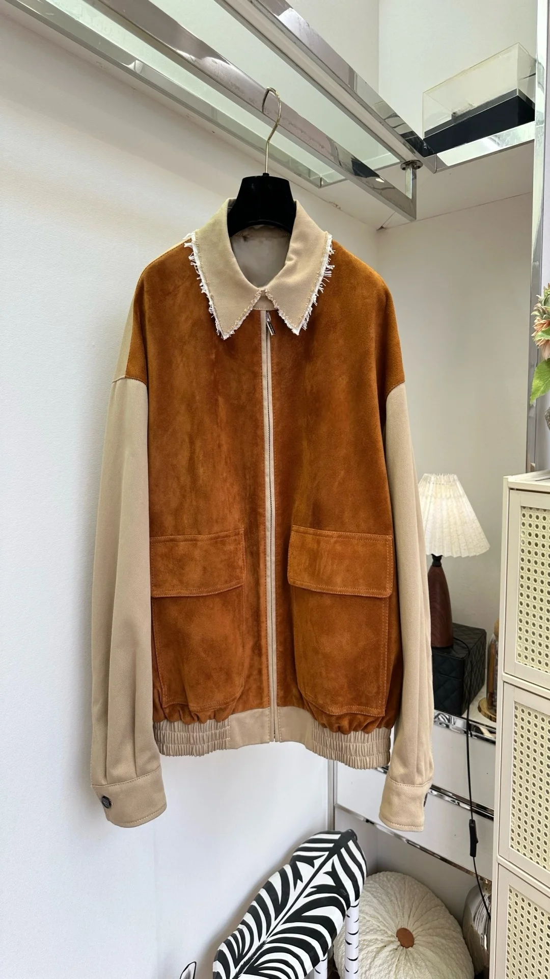 Vintage Suede & Wool-Blend Color Block Jacket Women Fringe Lapel Cropped Loose Fit Retro Chic Early Fall