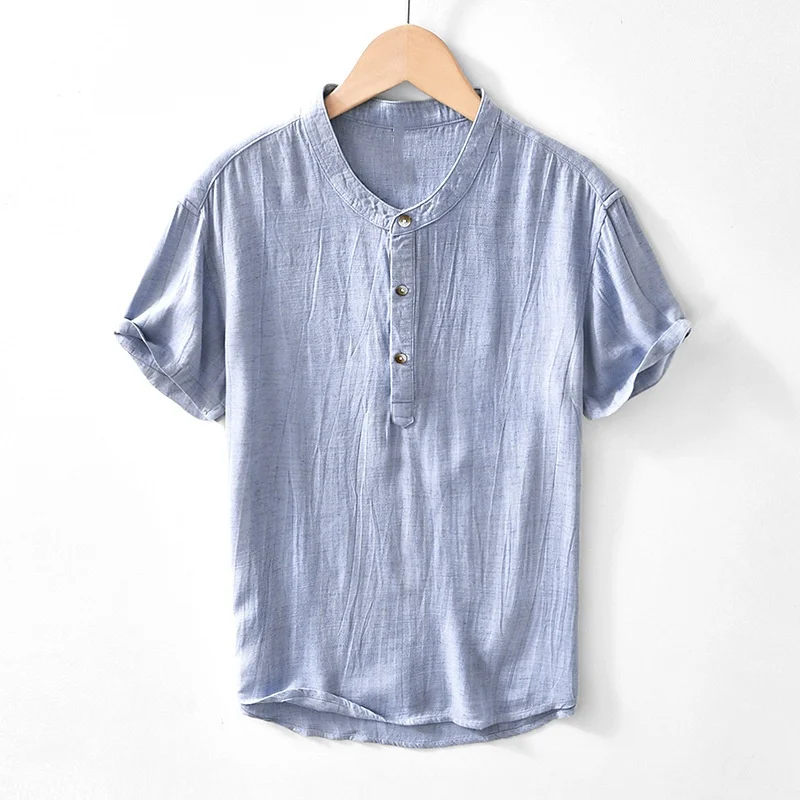 

Summer Vintage Men's Linen Shirts Stand Collar Short Sleeve Blouses Comfortable Casual Beach Style Handsome Tops
