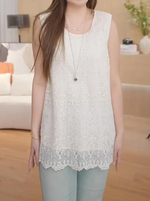 

plus Size Pure Cotton Hollow out Lace Tank Top Women's Summer Slimming Sleeveless Shirt Korean Style round Neck Loose Fit
